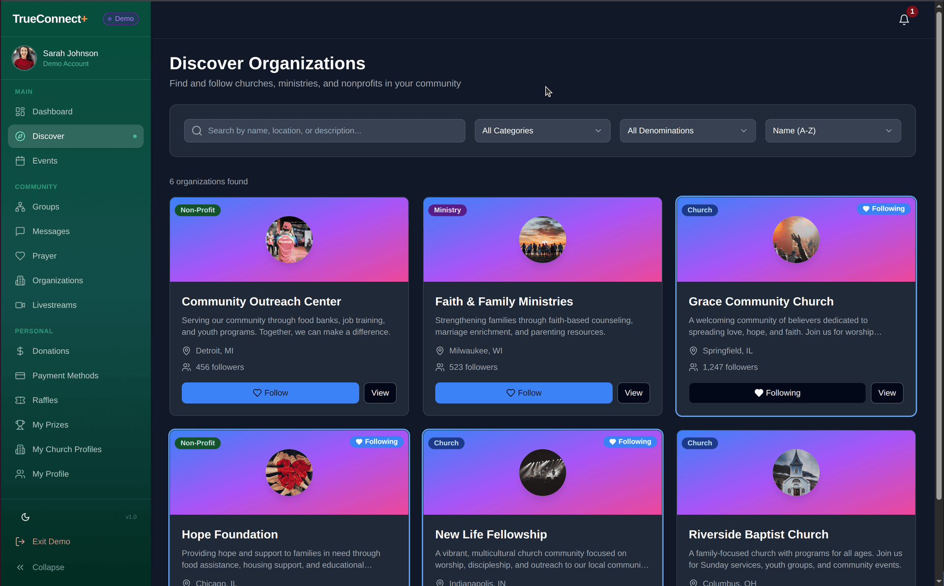 TrueConnect+ Discover screen browsing churches